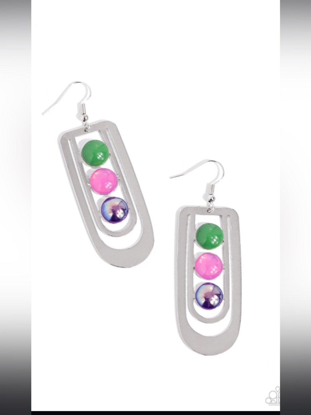 Contemporary Silver Drop Earrings with Green, Pink & Purple Accents